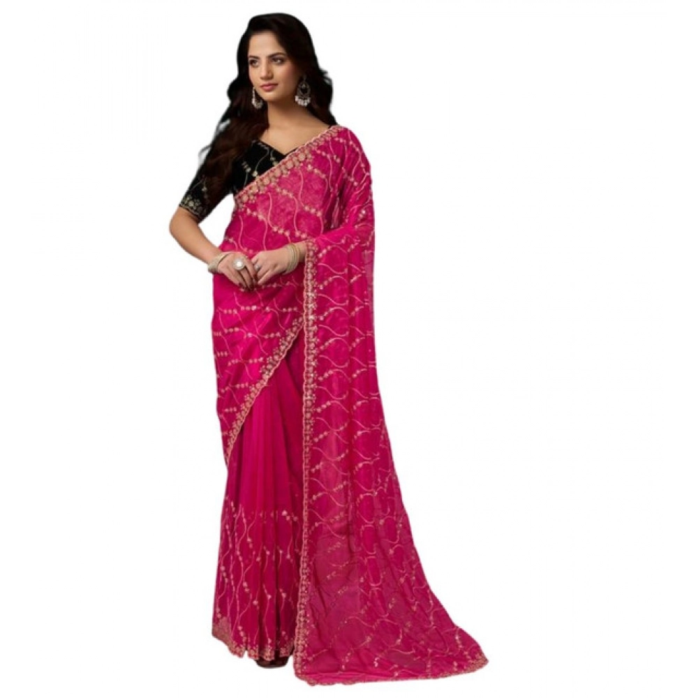 Generic Women's Net Sequence Saree With Unstitched Blouse 5.5Mtr (Pink) - Image 5