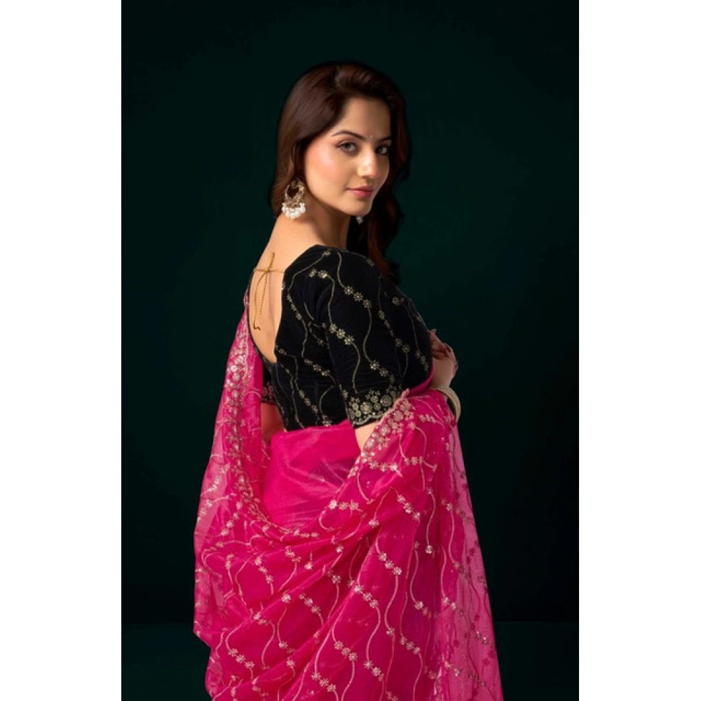 Generic Women's Net Sequence Saree With Unstitched Blouse 5.5Mtr (Pink) - Image 4