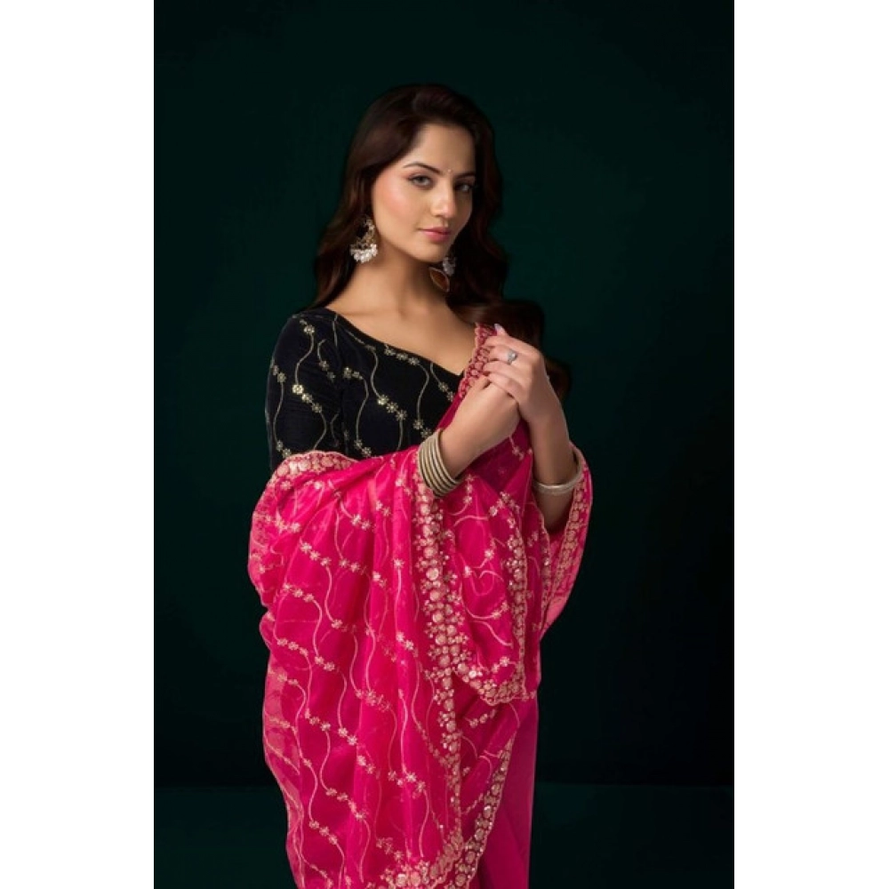 Generic Women's Net Sequence Saree With Unstitched Blouse 5.5Mtr (Pink) - Image 2