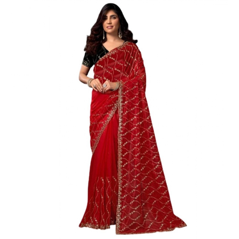 Generic Women's Net Sequence Saree With Unstitched Blouse 5.5Mtr (Red) - Image 4