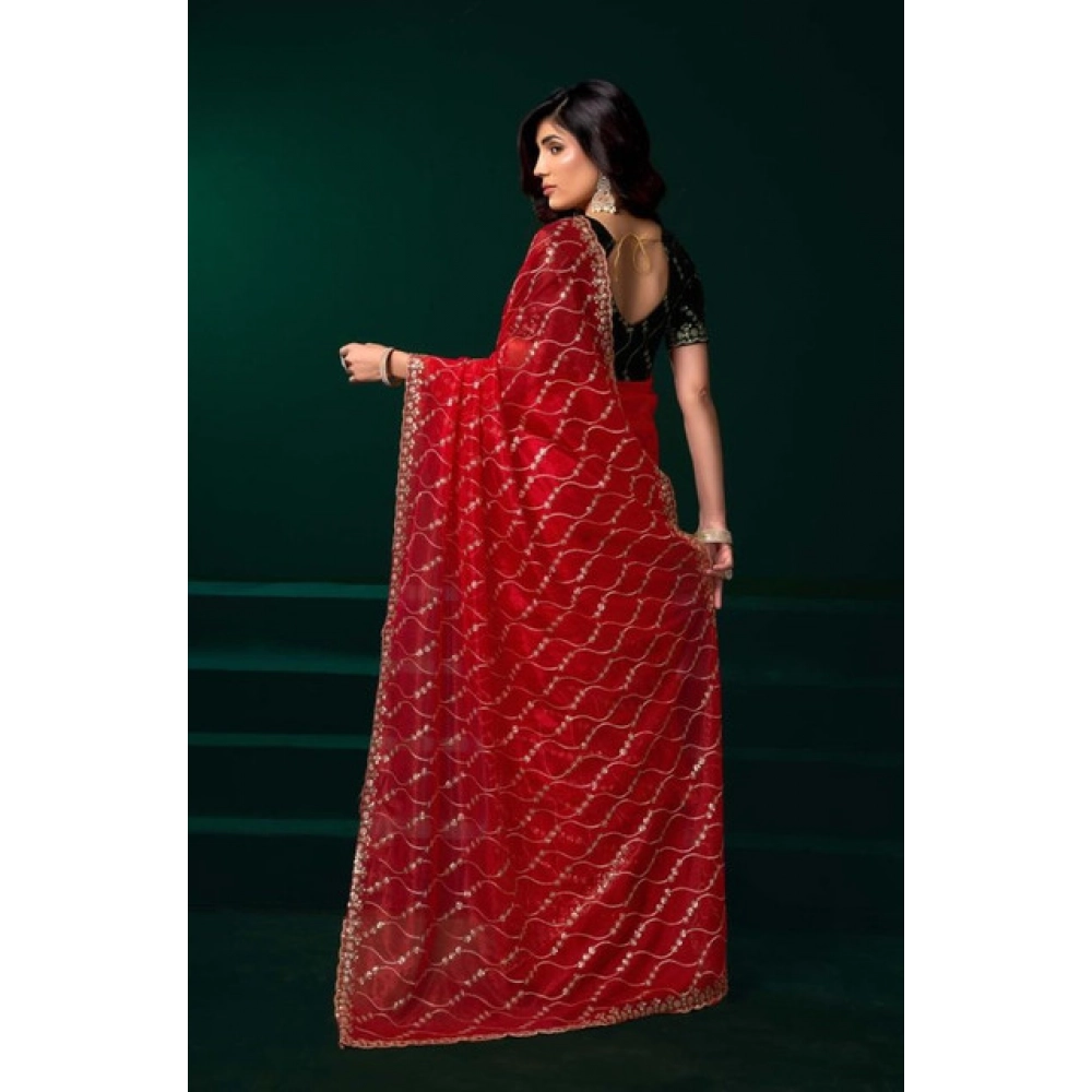 Generic Women's Net Sequence Saree With Unstitched Blouse 5.5Mtr (Red) - Image 3