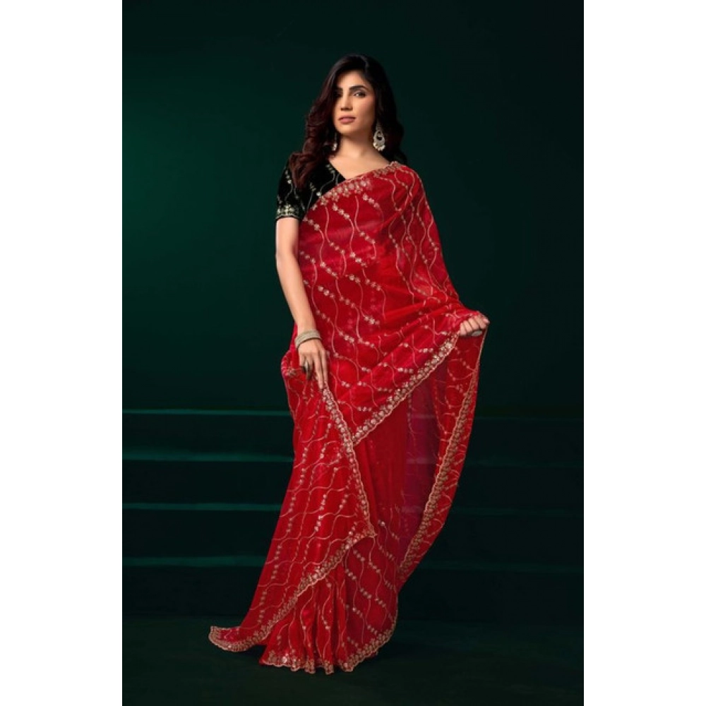 Generic Women's Net Sequence Saree With Unstitched Blouse 5.5Mtr (Red) - Image 2