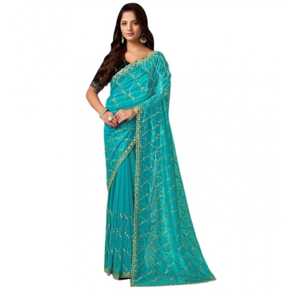 Generic Women's Net Sequence Saree With Unstitched Blouse 5.5Mtr (Turquoise) - Image 5