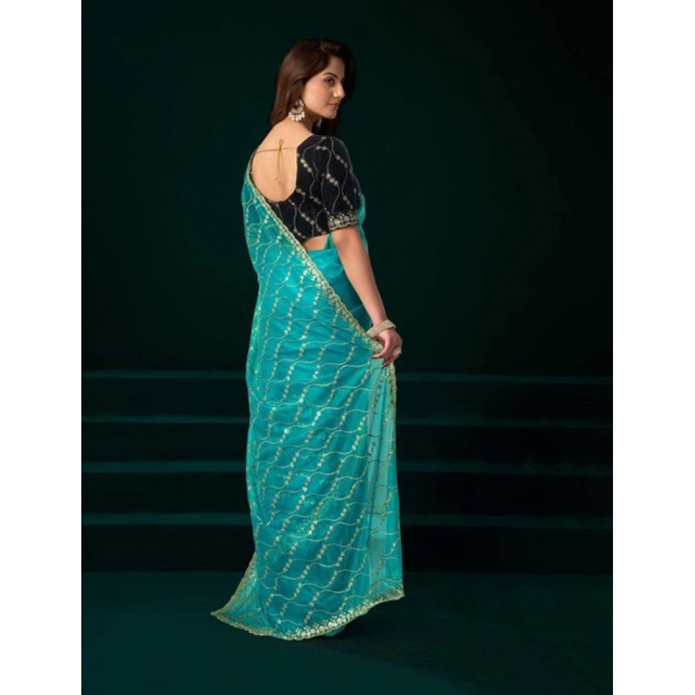 Generic Women's Net Sequence Saree With Unstitched Blouse 5.5Mtr (Turquoise) - Image 4