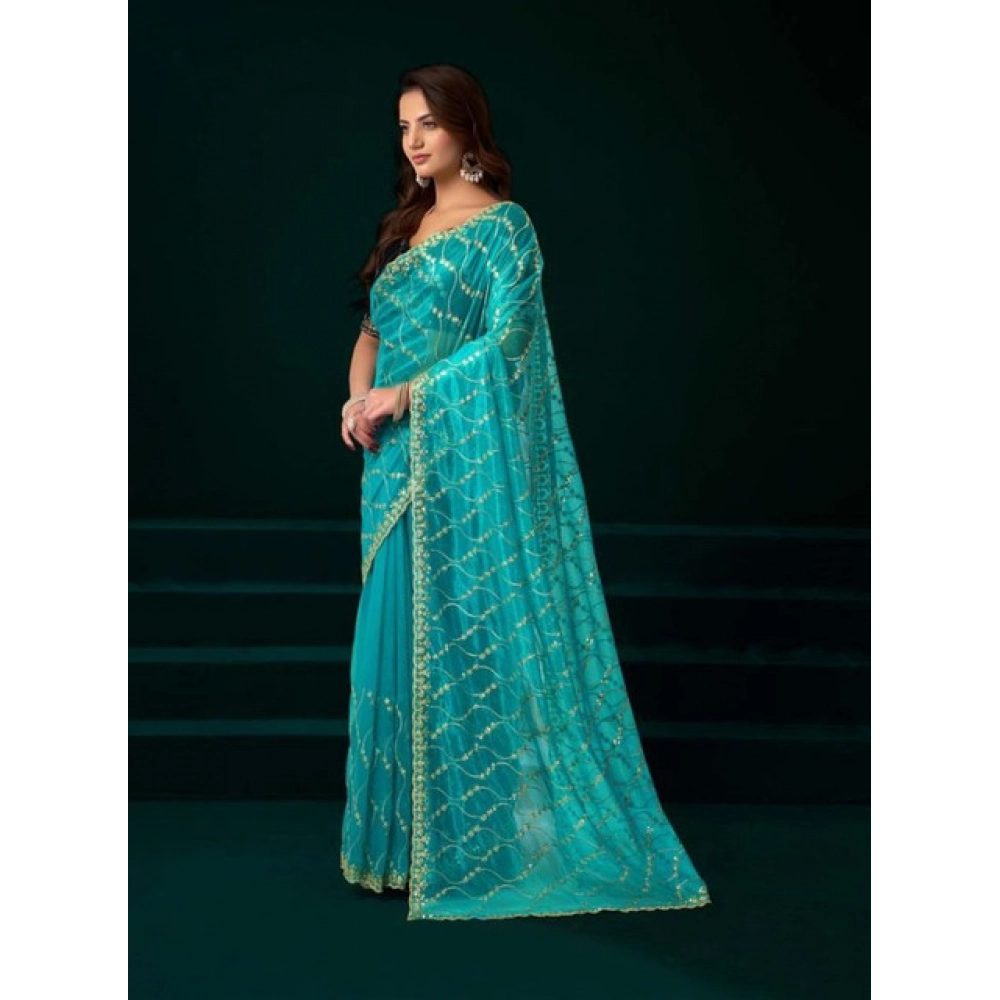 Generic Women's Net Sequence Saree With Unstitched Blouse 5.5Mtr (Turquoise) - Image 3