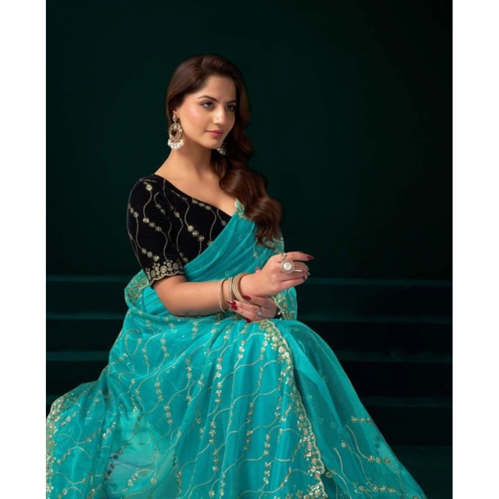 Generic Women's Net Sequence Saree With Unstitched Blouse 5.5Mtr (Turquoise) - Image 2