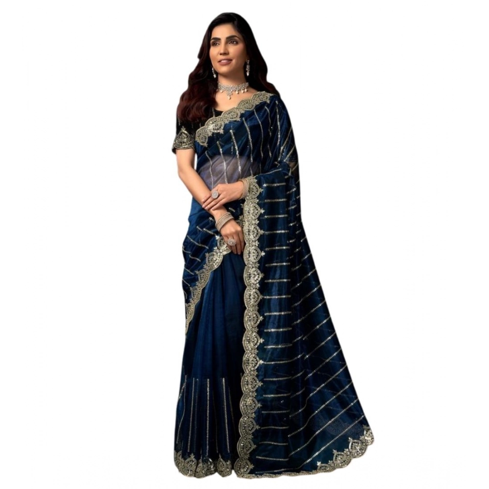 Generic Women's Net Sequence Saree With Unstitched Blouse 5.5Mtr (Blue) - Image 5
