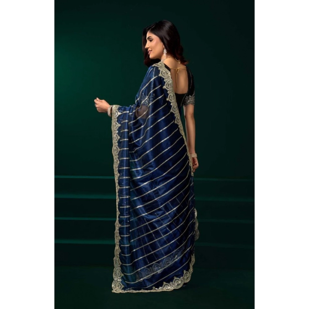 Generic Women's Net Sequence Saree With Unstitched Blouse 5.5Mtr (Blue) - Image 4