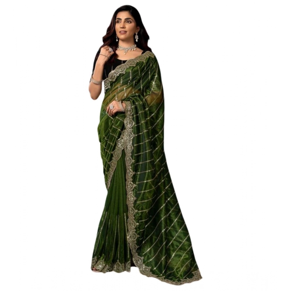Generic Women's Net Sequence Saree With Unstitched Blouse 5.5Mtr (Green) - Image 5