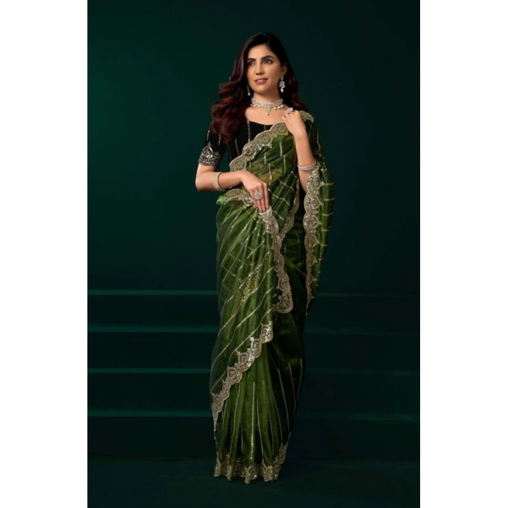Generic Women's Net Sequence Saree With Unstitched Blouse 5.5Mtr (Green) - Image 3