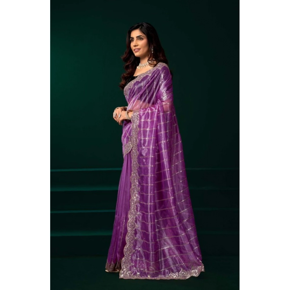 Generic Women's Net Sequence Saree With Unstitched Blouse 5.5Mtr (Lavender) - Image 2