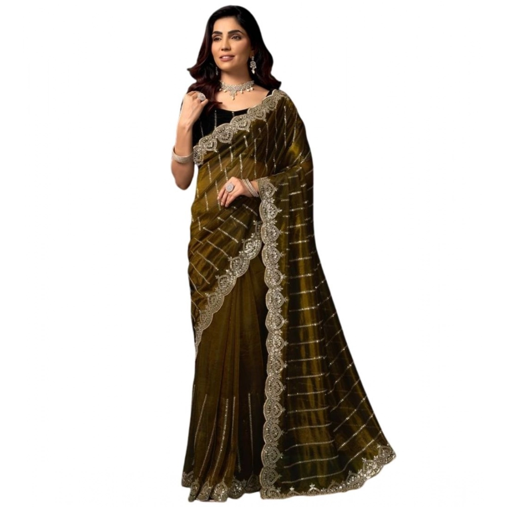 Generic Women's Net Sequence Saree With Unstitched Blouse 5.5Mtr (Olive) - Image 5