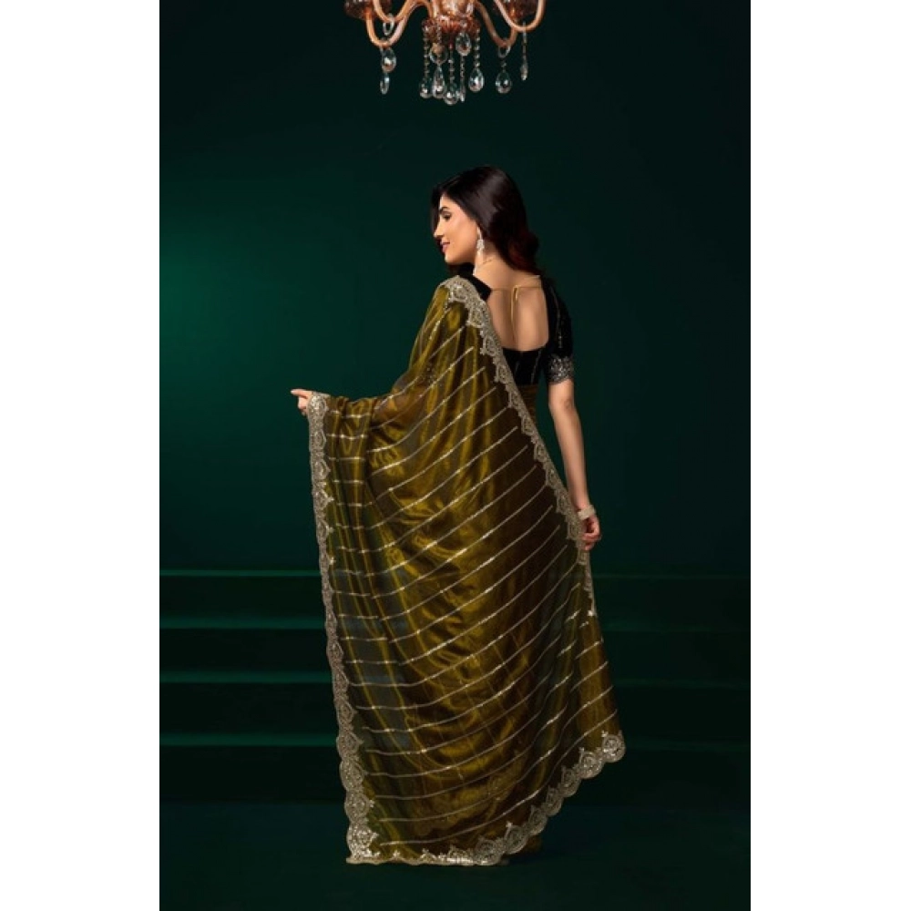 Generic Women's Net Sequence Saree With Unstitched Blouse 5.5Mtr (Olive) - Image 4