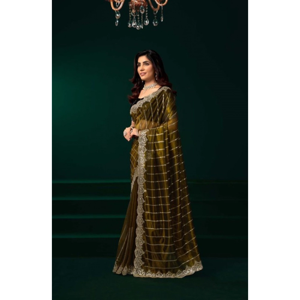 Generic Women's Net Sequence Saree With Unstitched Blouse 5.5Mtr (Olive) - Image 3