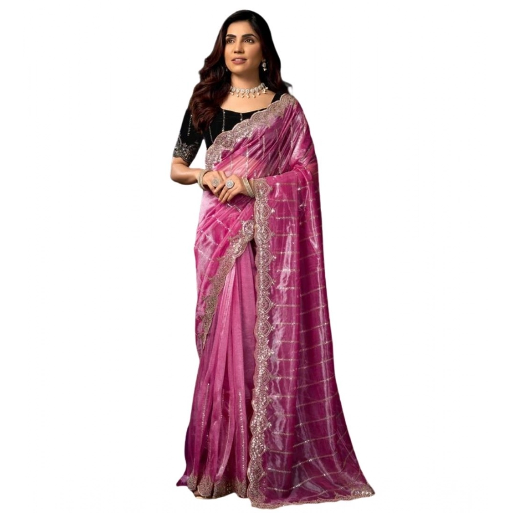 Generic Women's Net Sequence Saree With Unstitched Blouse 5.5Mtr (Pink) - Image 4