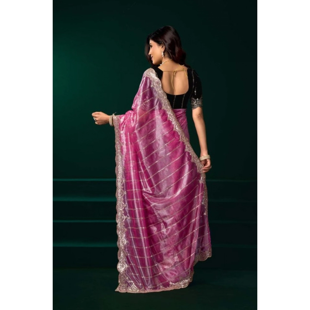 Generic Women's Net Sequence Saree With Unstitched Blouse 5.5Mtr (Pink) - Image 3