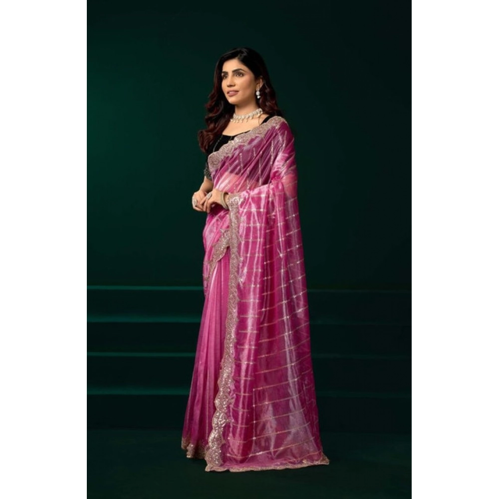 Generic Women's Net Sequence Saree With Unstitched Blouse 5.5Mtr (Pink) - Image 2