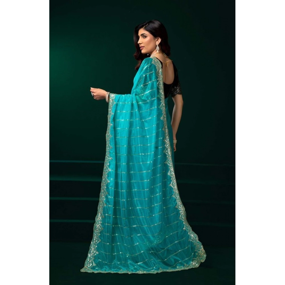 Generic Women's Net Sequence Saree With Unstitched Blouse 5.5Mtr (Turquoise) - Image 4
