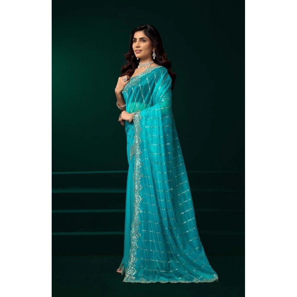 Generic Women's Net Sequence Saree With Unstitched Blouse 5.5Mtr (Turquoise) - Image 3
