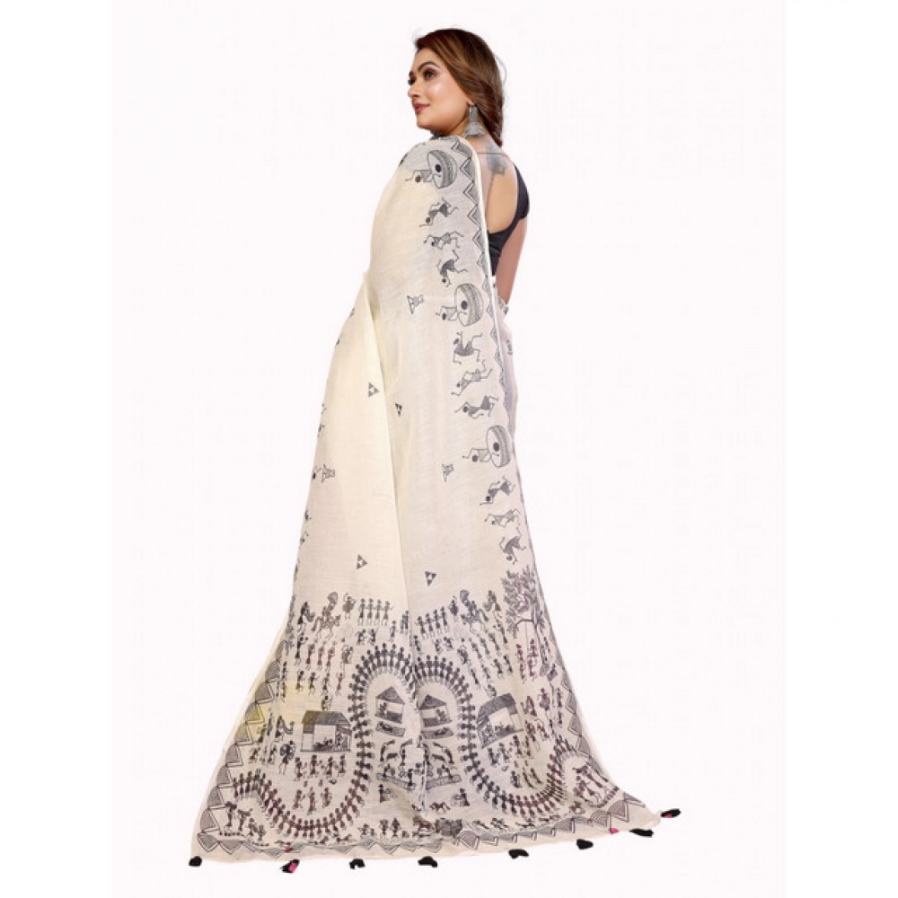 Generic Women's Linen Cotton Printed Saree With Unstitched Blouse 5.5Mtr (Off White) - Image 6