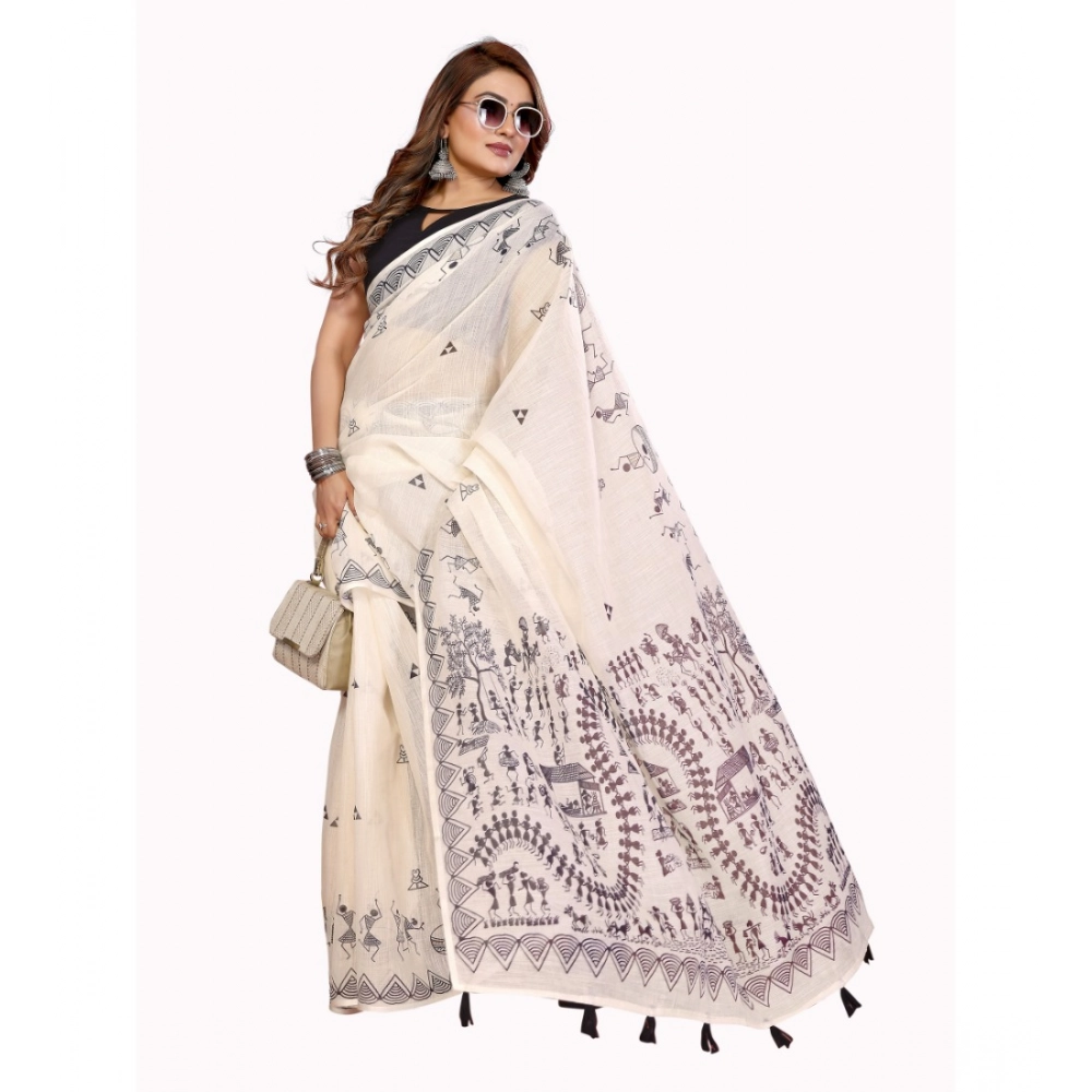 Generic Women's Linen Cotton Printed Saree With Unstitched Blouse 5.5Mtr (Off White) - Image 2