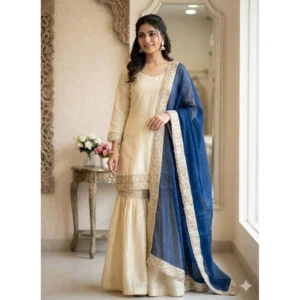 pid 66482 women s silk embroidered 3 4th sleeve round kurti with palazzo and dupatta set cream 1 1000x1000 1.webp