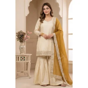 pid 66487 women s silk embroidered 3 4th sleeve round kurti with palazzo and dupatta set cream 1 1000x1000 1.webp
