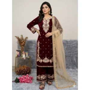 pid 66493 women s silk embroidered 3 4th sleeve round kurti with palazzo and dupatta set maroon 1 1000x1000 1.webp