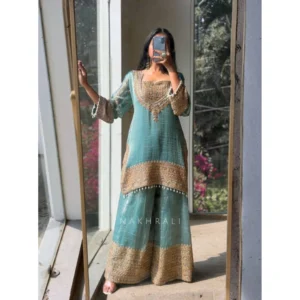 pid 66500 women s silk embroidered 3 4th sleeve round kurti with sarara and dupatta set sea green 1000x1000 1.webp