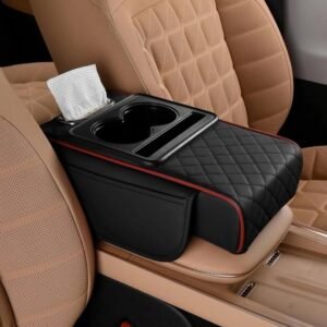 pid 67837 faux leather 5 in 1 car arm rest cushion with cup holder black red 1.jpg